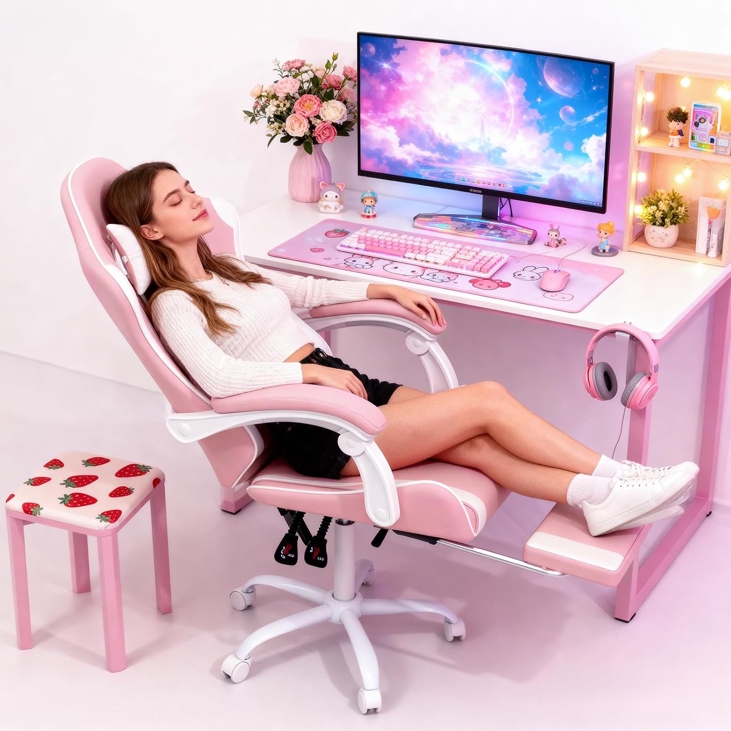 MoNiBloom Gaming Chair, Footrest & Lumbar Support, Height Adjust, Pink | Headrest & Lumbar Support, Ergonomic Computer chair, for Girl women Adult Teen Office or Gaming,Swivel game chair