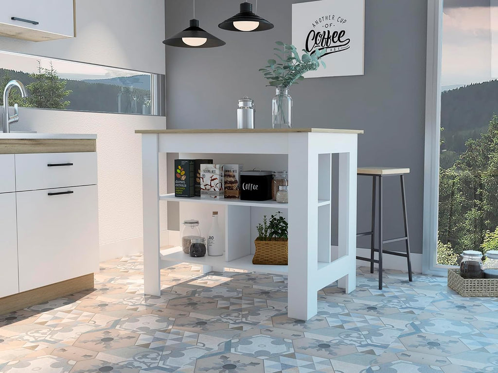 Kitchen Island with Three Shelves and Four Legs - Light Oak/White | Three shelves and four legs for stable support and ample storage
