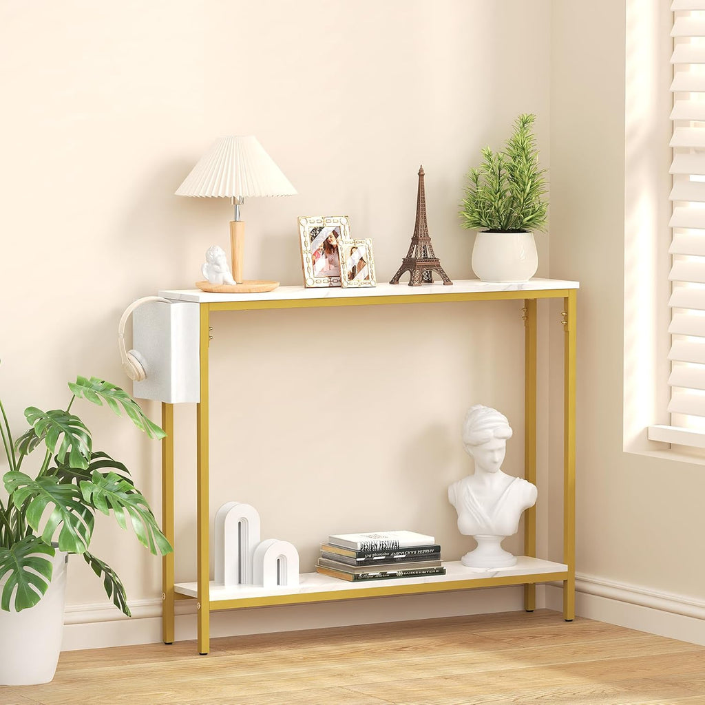 Bigbiglife 39.4" Console Entryway Table, 2-Tier Industrial Narrow Sofa Table with Storage Shelves for Hallway, Living Room, Bedroom, Foyer, Corridor, Office, Marble White and Gold