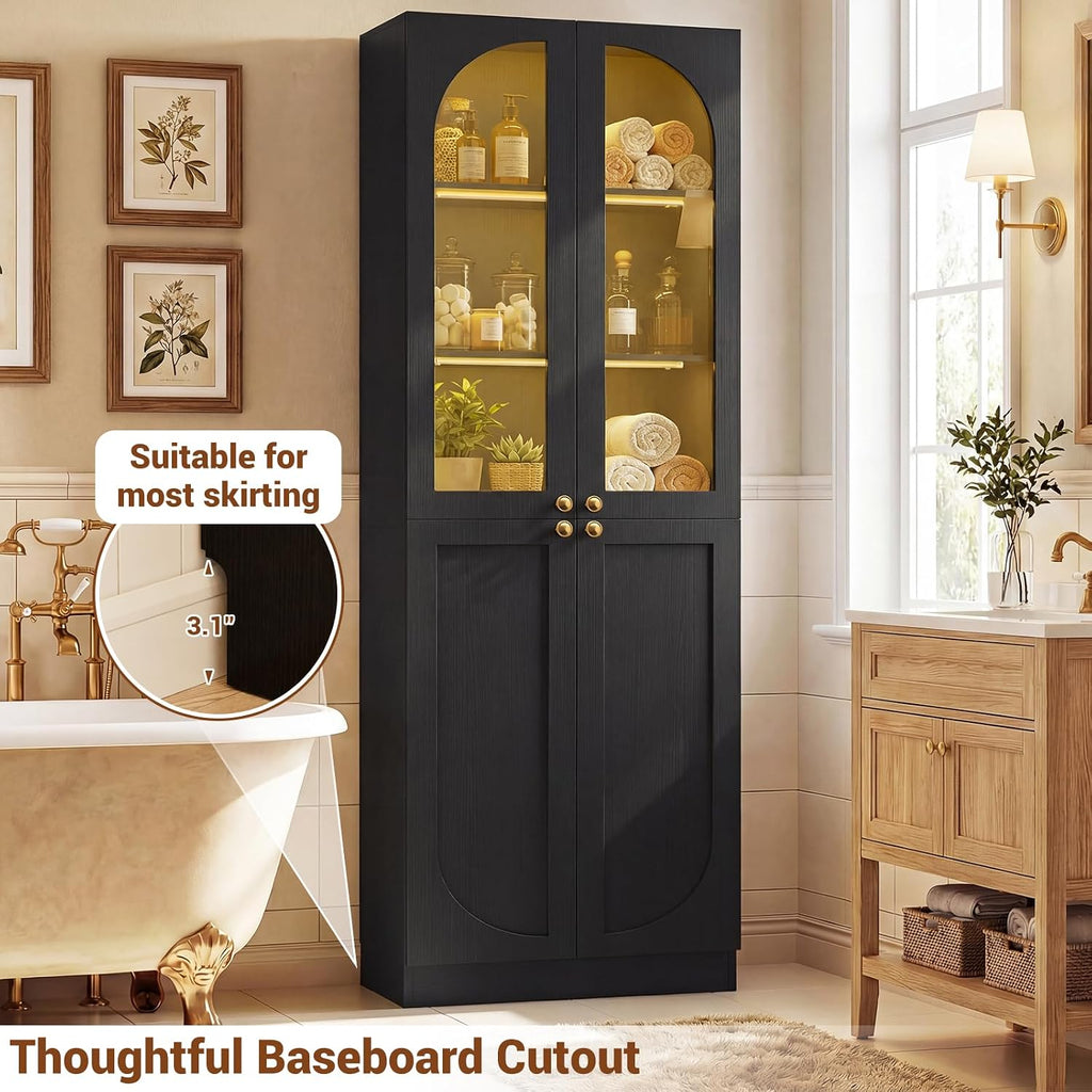 Cyclysio 80" Kitchen Pantry with 3 Motion Sensor Lights, Tall Arch Storage Cabinet with Tempered Glass Doors, Wood Floor Cupboard with Baseboard Cutout for Dining Room, Living Room, Bathroom