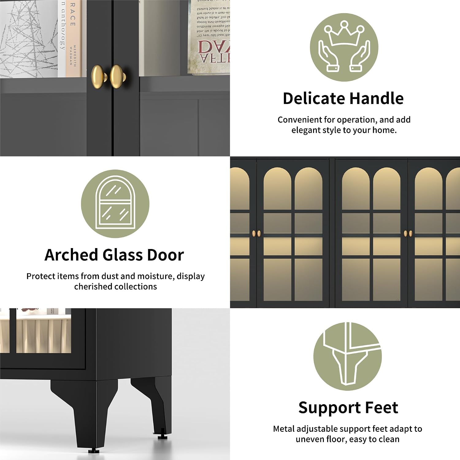 Foreate Sideboard Buffet Cabinet with Glass Door & LED Light, 53.2" Large Buffet Cabinet with Storage & Adjustable Shelf, Farmhouse Sideboard Credenzas Metal Kitchen Buffet, Black