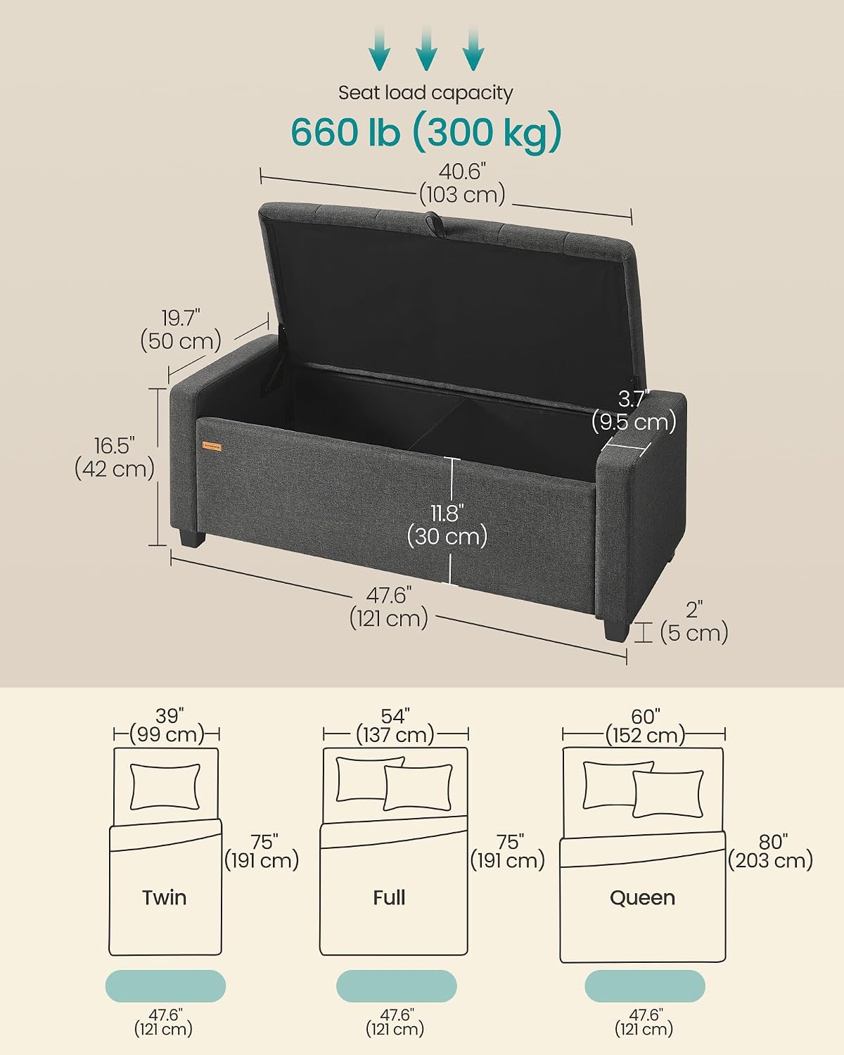 SONGMICS Storage Ottoman,ULOM511GN01 | Buttons Decoration, Non-Slip Foot Pads, 661.4 lb Load Capacity, Slate Gray, MACEO Collection ULOM511GN01