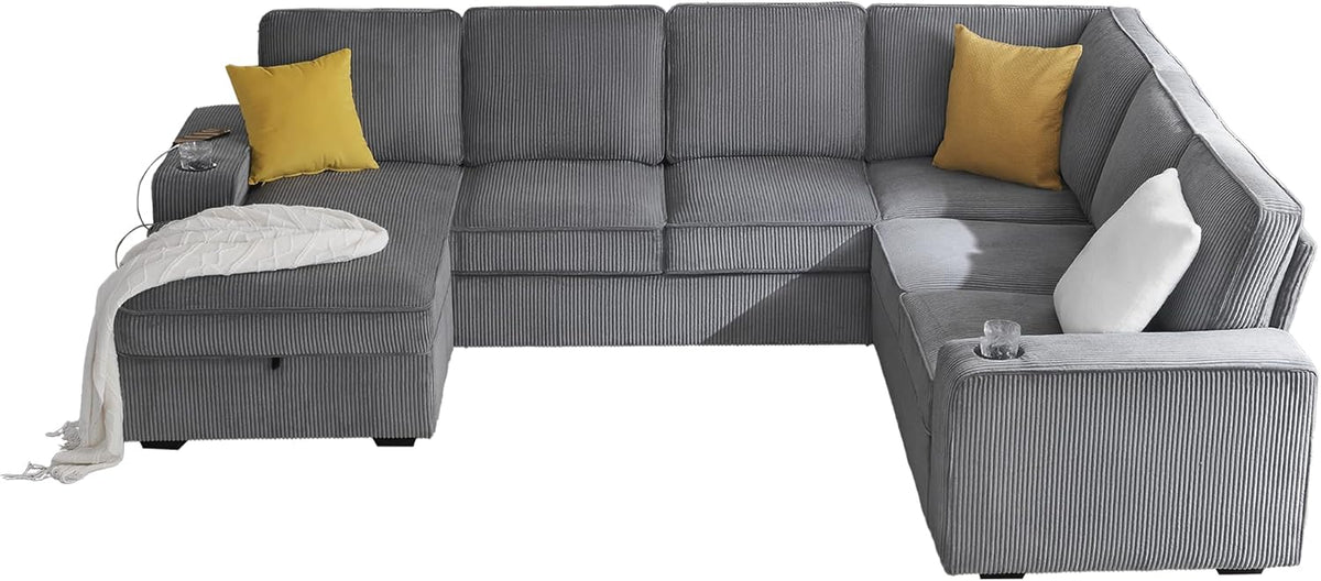 112" Sectional Couch, U Shaped Couch with Storage, Couches for Living Room | Storage Chaise, Cup Holders, USB & Type-C Charging Ports, L Shaped Sofa for Living Room & Guest Bedroom, Corduroy Grey