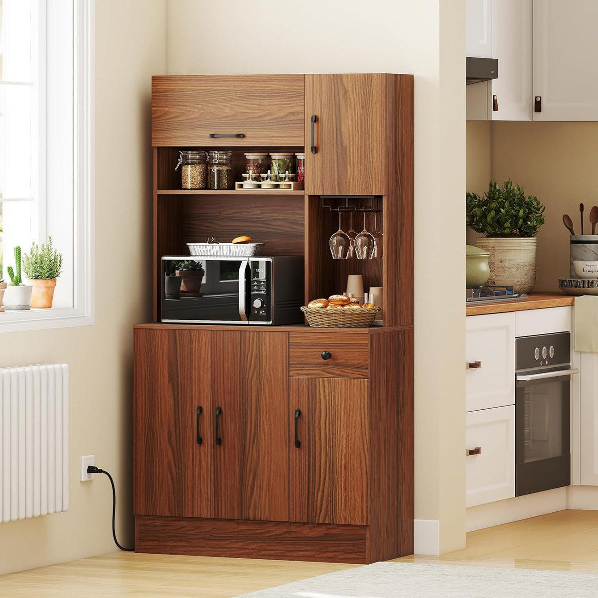 LOKO 66” Tall Pantry with Charging Station, Freestanding Storage Cabinet with Microwave Stand, Wine Glass Holder, Adjustable Shelves, Kitchen Hutch Cabinet for Living Room, Dining Room, Brown