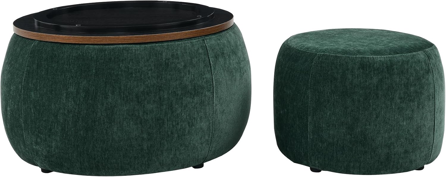 2Pcs Round Storage Ottoman, 2 in 1 Function, Work as End Table and Ottoman，Chenille Storage Ottoman with a Drum Shaped Small Stool Side Table for Living Room Bedroom Entryway Office (Green)