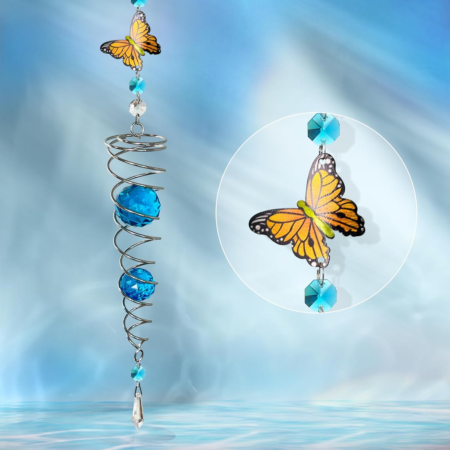 FONMY Butterfly Sun Catcher Gazing Ball Wind Spinner Rainbow Maker Silver Spiral W/ K9 Blue Crystal Ball Christmas Gfit Tree Hanging Ornament Indoor Outdoor Garden Decor. 19.5inch H