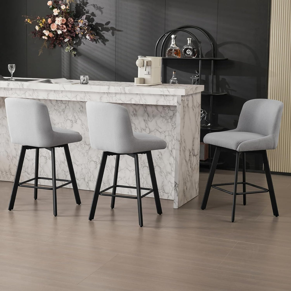 SAECKBERG Swivel Bar Stools Set of 3, 26''H Upholstered Barstools with Backs, Modern Counter Height Bar Stool Chairs for Kitchen Island, Metal Legs, Light Gray Fabric Counter Stools