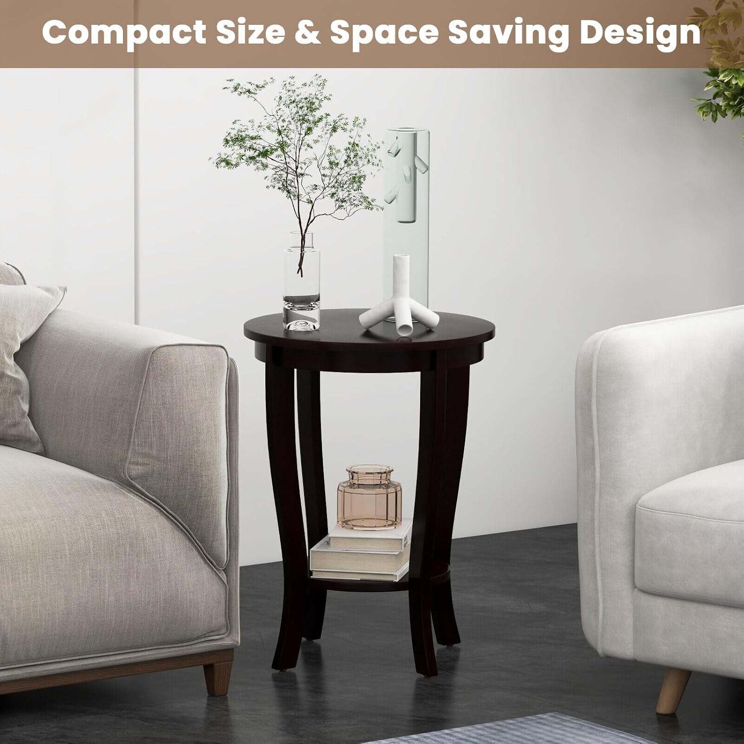 SlickBlue Space-Saving 2-Tier Round End Table with Premium Wood Legs and Floor Protection