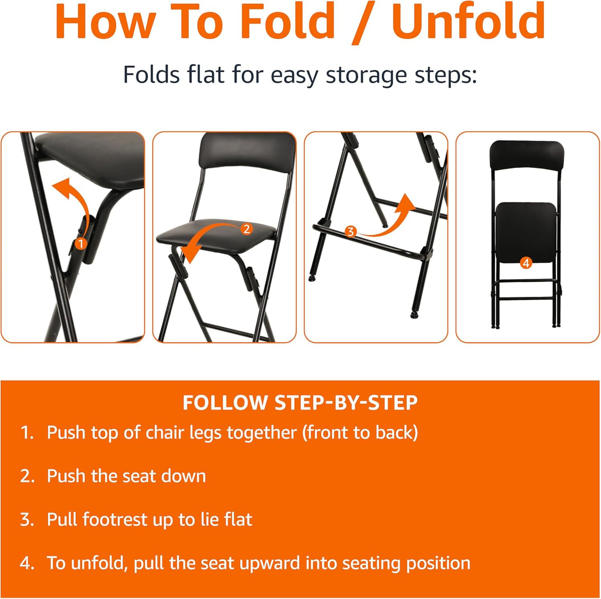 Amazon Basics Folding Bar Stool with Footrest, Portable, Sturdy, Space-Saving Storage, 300lb Capacity, 24" Height, Black, Set of 2