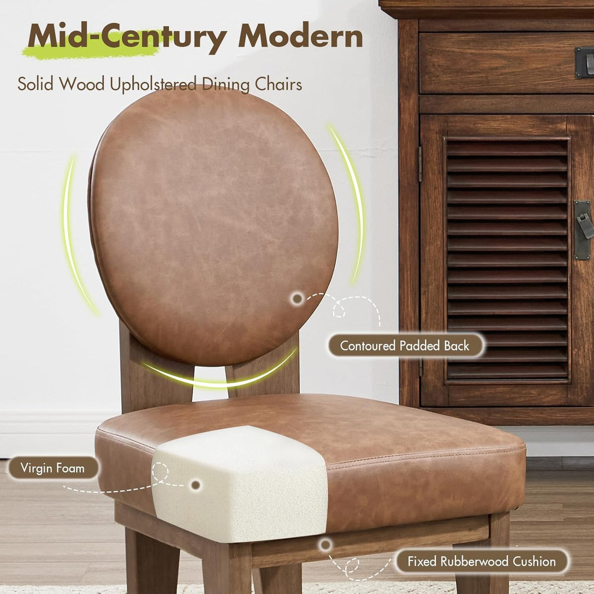 Hyfirm Mid-Century Modern Walnut Dining Chairs Set of 4, Vintage Brown Leather Wooden Kitchen Chairs, Retro Upholstered PU Cushioned Seat with Curved Backrest, Armless Accent Side Chair for Bedroom