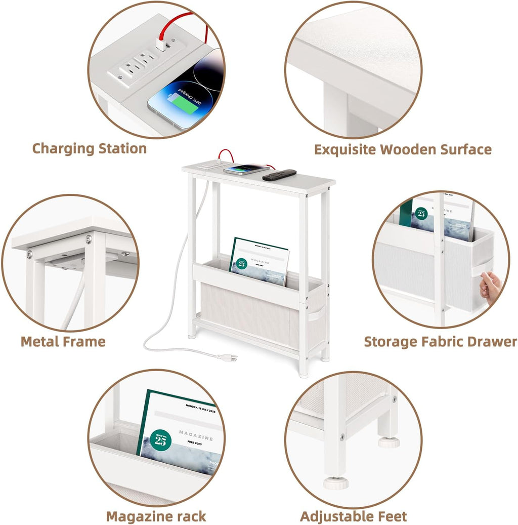 BAMGROW Slim Charging End Table with Storage - for Small Spaces and Bedroom (White)