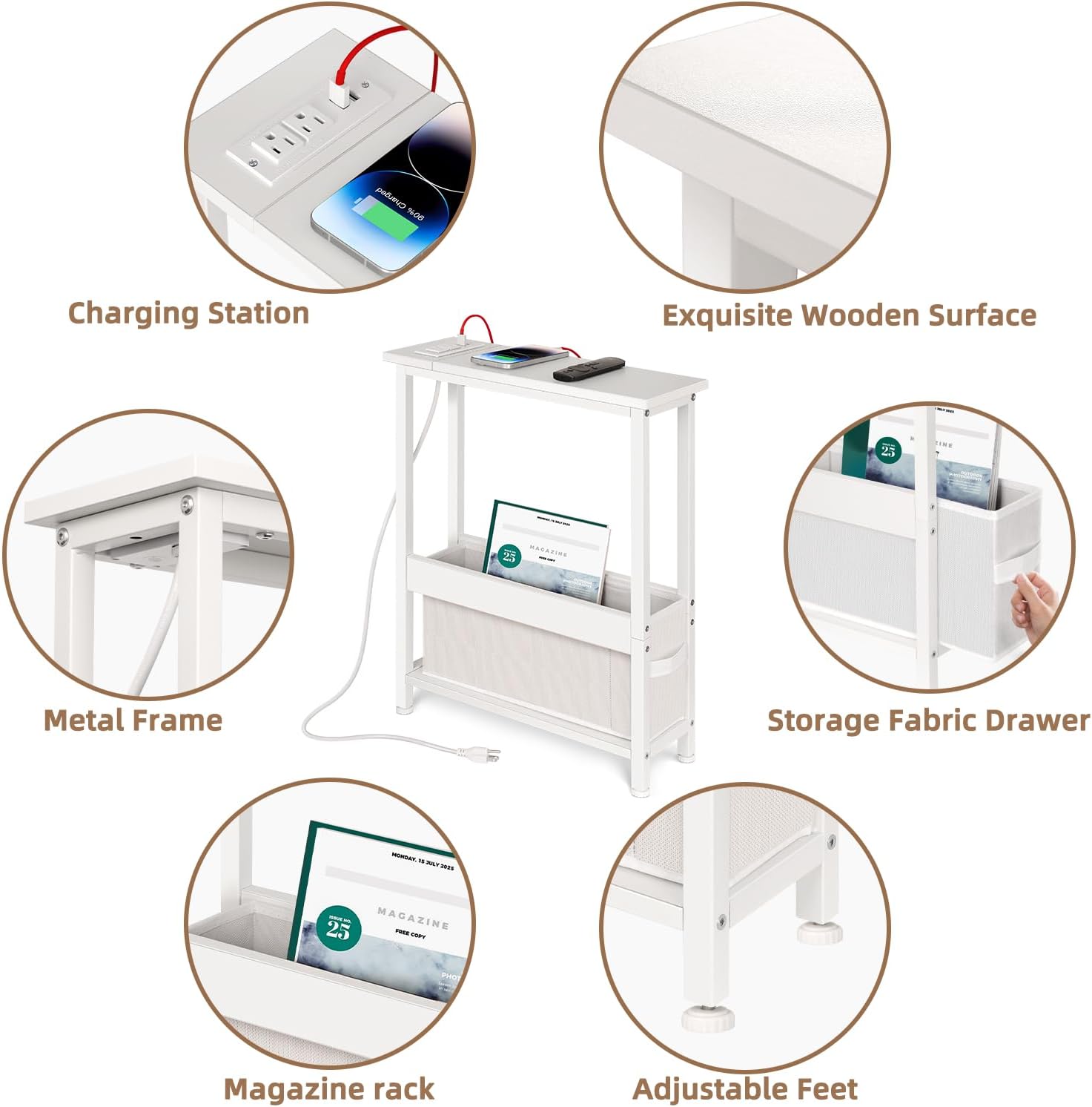 BAMGROW Slim Charging End Table with Storage - for Small Spaces and Bedroom (White)