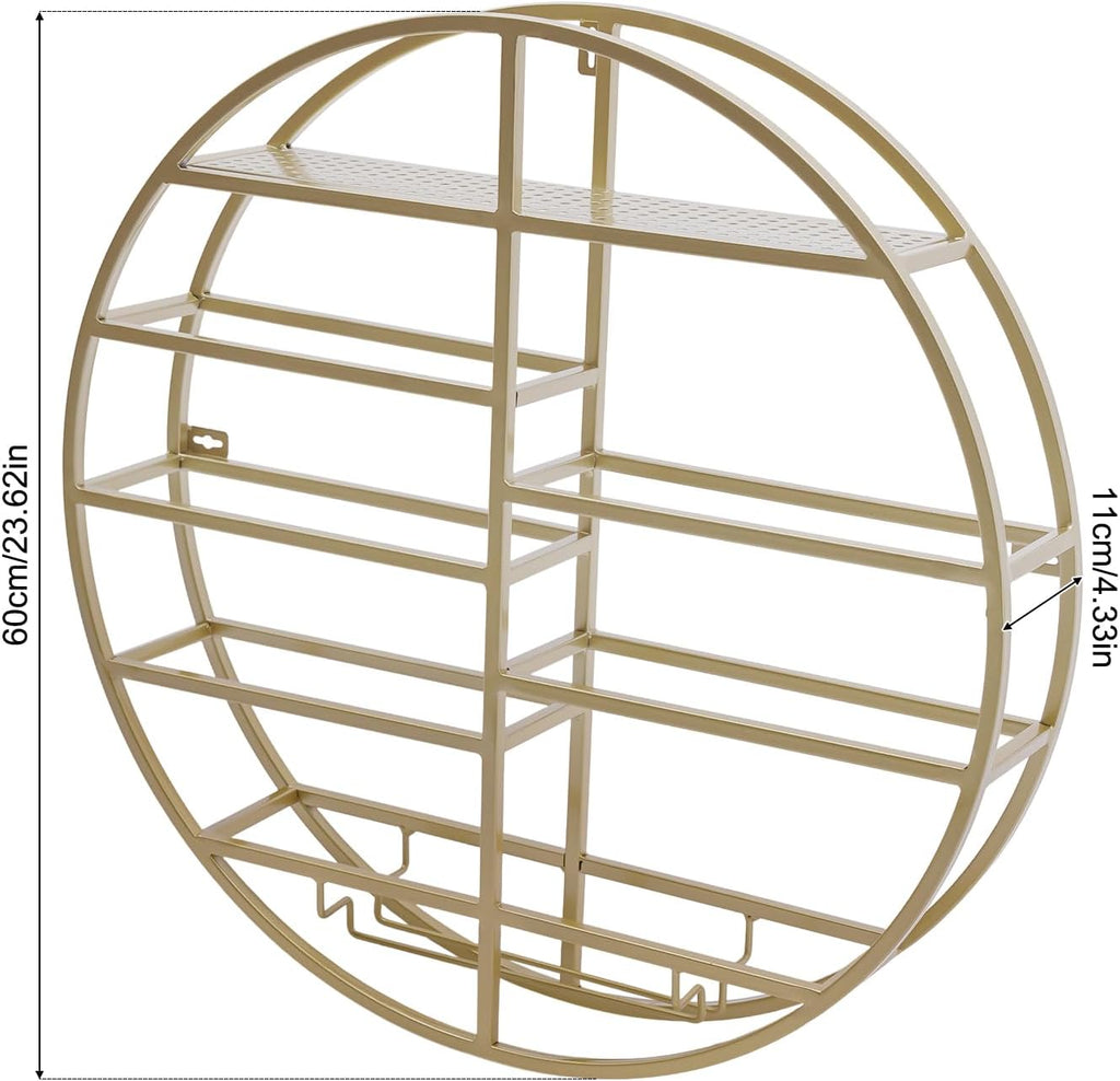 Wall Mounted Wine Rack with Glass Holder, Gold Metal Bottle Holder Round Wine Storage Display Rack for Restaurants Bar Dining Room Kitchen