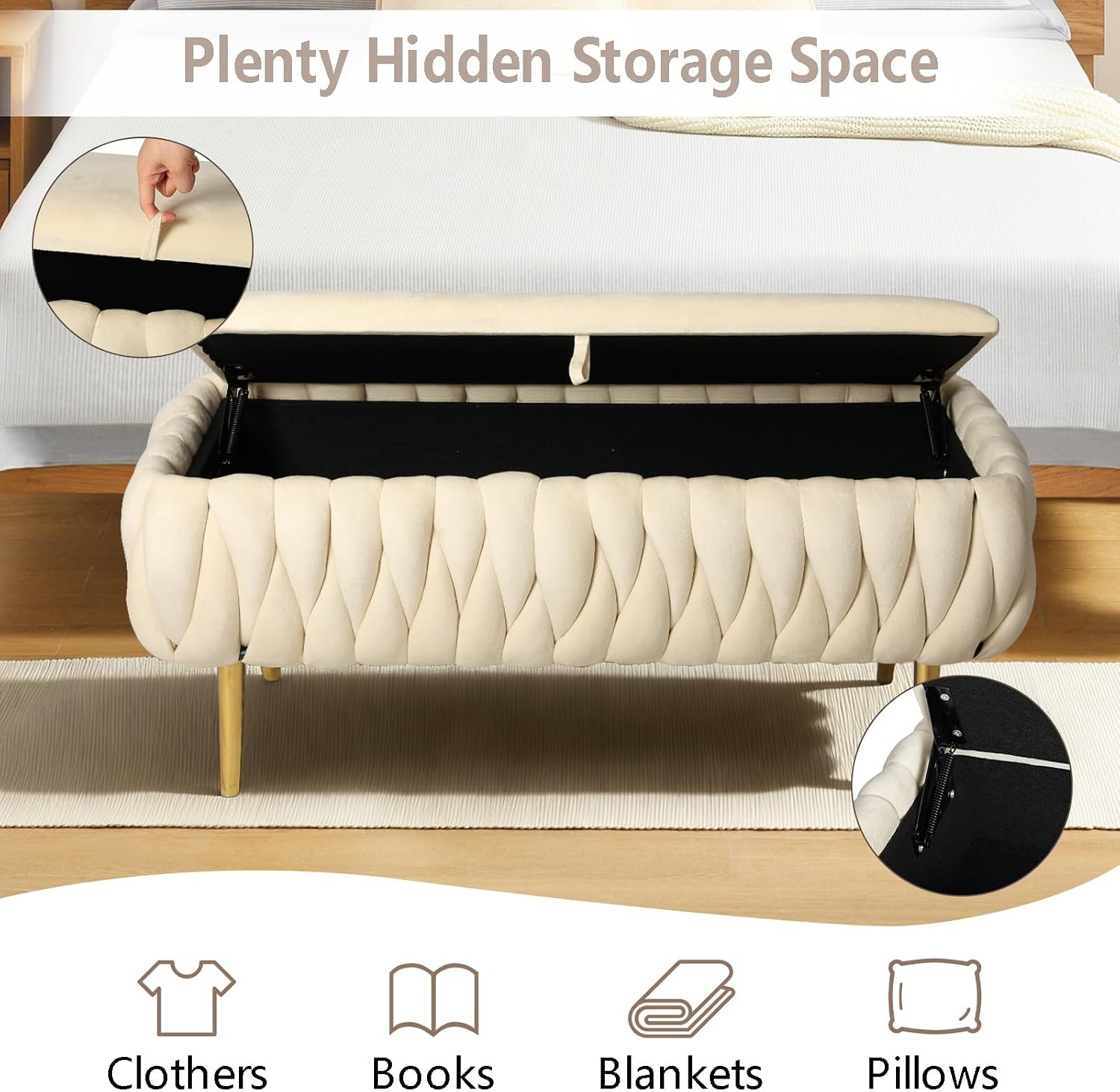 End of Bed Bedroom Storage Bench Upholstered, Hand-Woven Storage Ottoman Bench for Bedroom with Hinged Lid Golden Legs, for Living Room, Entryway Beige