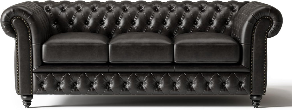 Valencia Parma Chesterfield 3 Seater Sofa 82" | Premium Leather | Mid-Century Leather Couch with Classic Button Tufted Back, Wood Legs for Living Room, Black