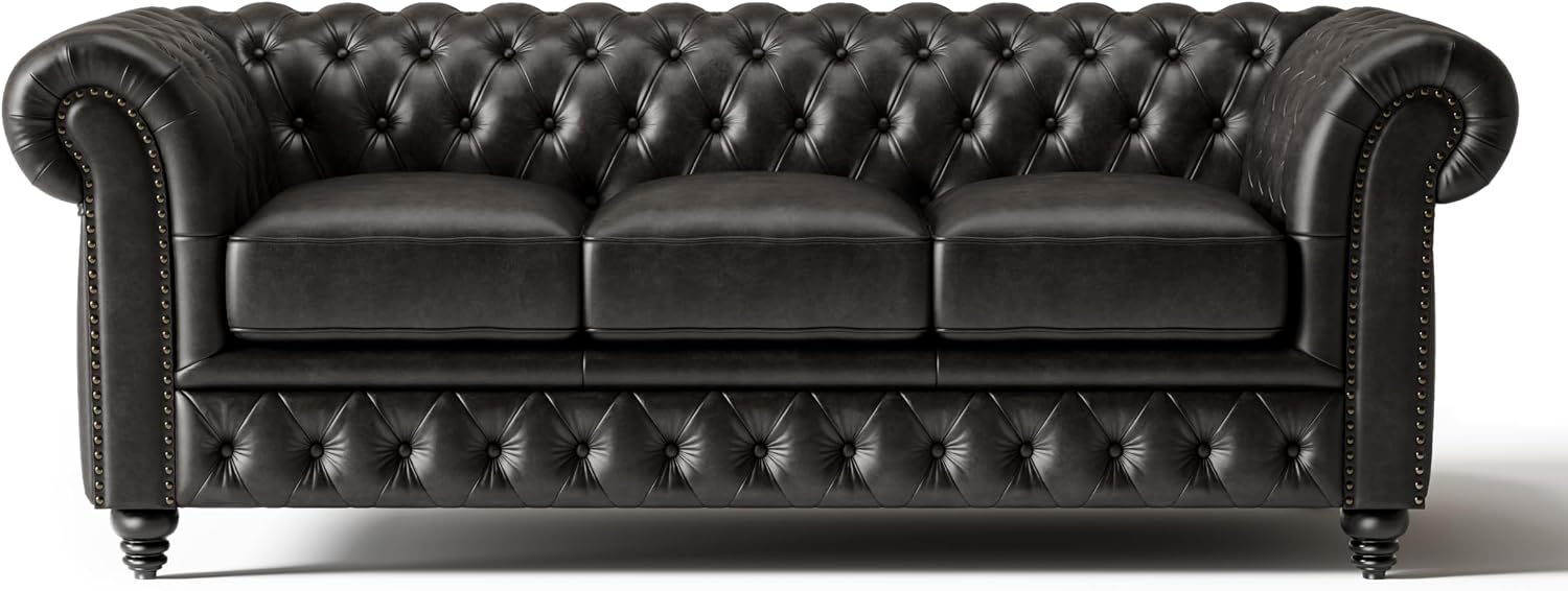 Valencia Parma Chesterfield 3 Seater Sofa 82" | Premium Leather | Mid-Century Leather Couch with Classic Button Tufted Back, Wood Legs for Living Room, Black