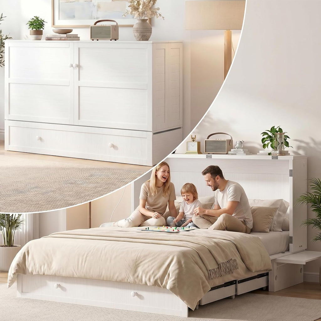 Mjkone Murphy Bed Cabinet Queen with Tri-Fold Mattress Included & USB Charging Station, Modern Versatile Solid Wood Chest Cabinet Wall Bed with Drawers, Adult Guest Beds for Apartment Bedroom - White