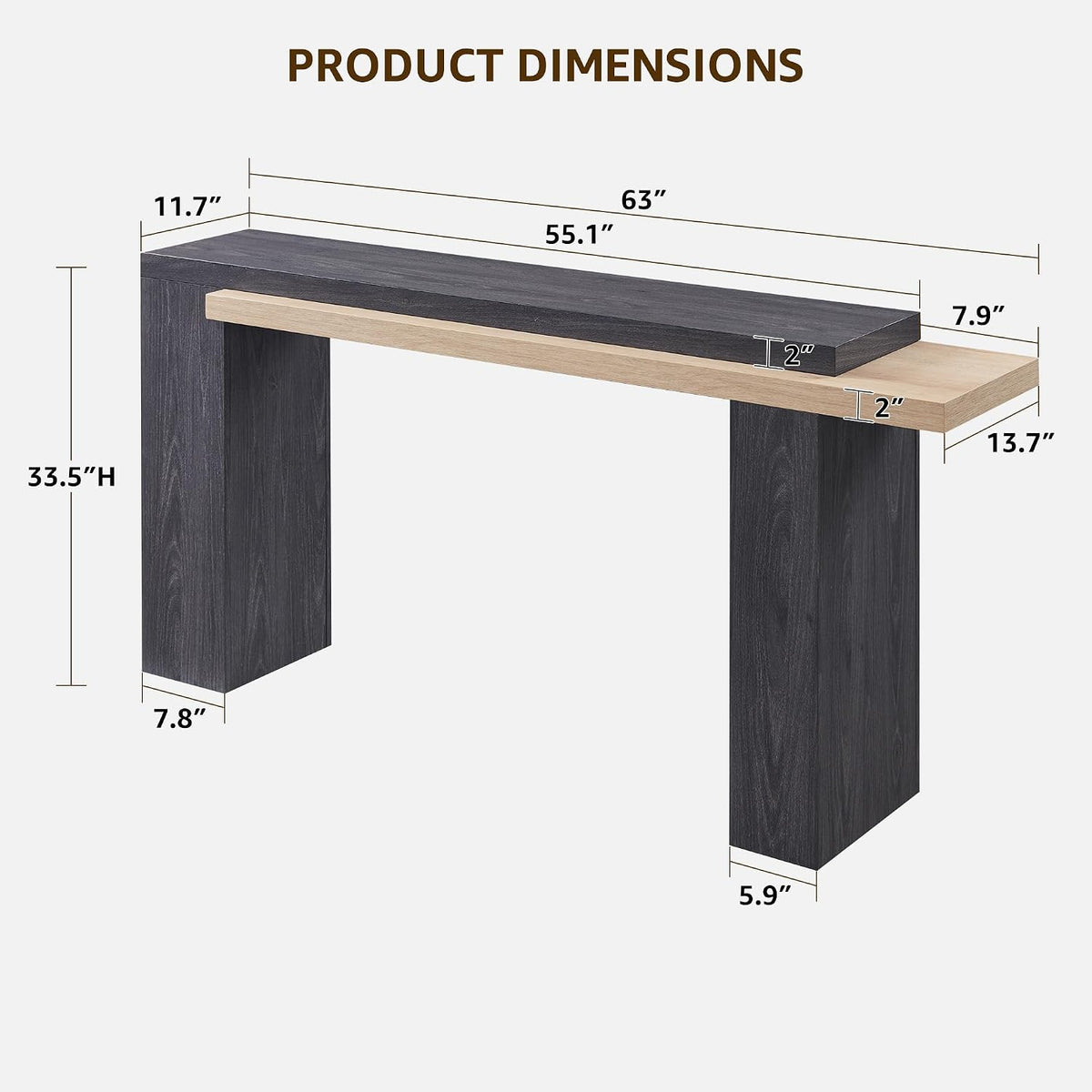 OKD 63" Geometric Console Table with Layered Top, Natural Oak & Dark Alder | Extended Layered Top, Sturdy Support Legs, Entryway, Hallway, Foyer, Living room, Behind Sofa