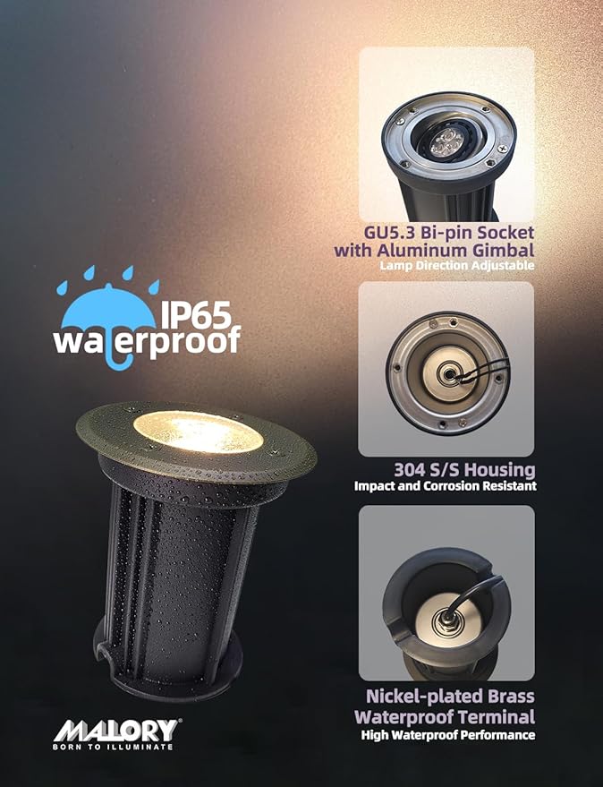 MALORY Brass Open Top Cover Landscape Well Lights, 12V Low Voltage Outdoor In Ground Lights, Landscape Lighting Wired with 5W 2700K MR16 for Pathway, Driveway and Garden (Open Top, 1-Pack with Bulb)