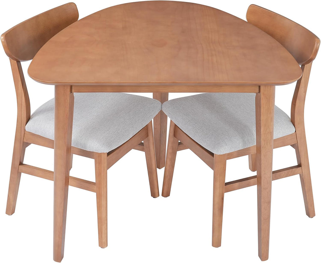 P PURLOVE Modern 3 Piece Table Set, Triangular Table and 2 Curved Wood Chairs for Living Room, Dining Room, Kitchen, Small Space, Minimalist Space-Saving (Light Brown)