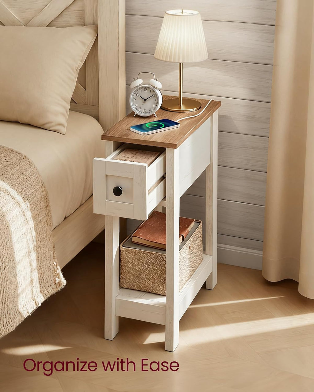 VASAGLE Farmhouse End Table with Storage Drawer, Narrow Side Table with Charging Station, Nightstand, Easy Assembly, for Living Room, Bedroom, Honey Brown and Rustic White ULET328W01