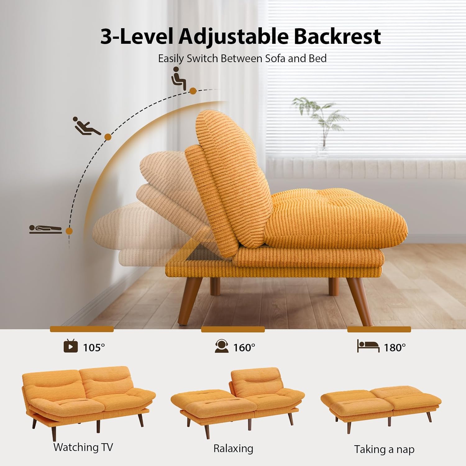 Pipishell Futon Sofa Bed, Modern 66" Futon Couch Convertible to Bed & Lounger, Compact Size, Corduroy Loveseat, Durable Construction - Fits Small Spaces, Apartments,Study Room (Yellow, 66 Inch)