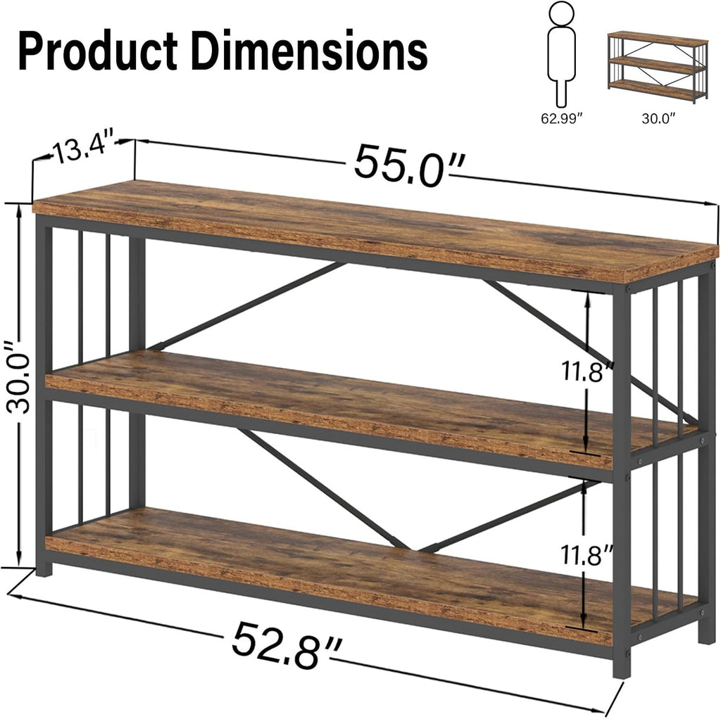 LVB Industrial Console Entryway Table, Metal Wood Rustic Brown, 55 in | Farmhouse 3 Tier Shelf Long Hallway Foyer Entry Tables Behind Couch, Sofa Table for Home Living Room Entryway