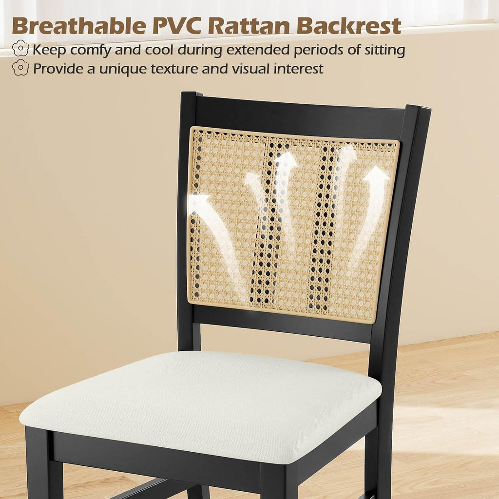Giantex Rattan Dining Chairs Set of 2, Farmhouse Fabric Upholstered Kitchen Chairs with Rubber Wood Legs, Padded Seat, Cane Back, Country Armless Side Chair for Dining Living Room Restaurant
