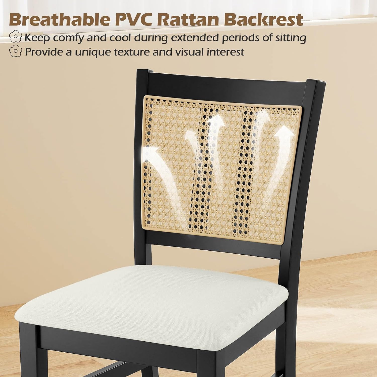 Giantex Rattan Dining Chairs Set of 2, Farmhouse Fabric Upholstered Kitchen Chairs with Rubber Wood Legs, Padded Seat, Cane Back, Country Armless Side Chair for Dining Living Room Restaurant