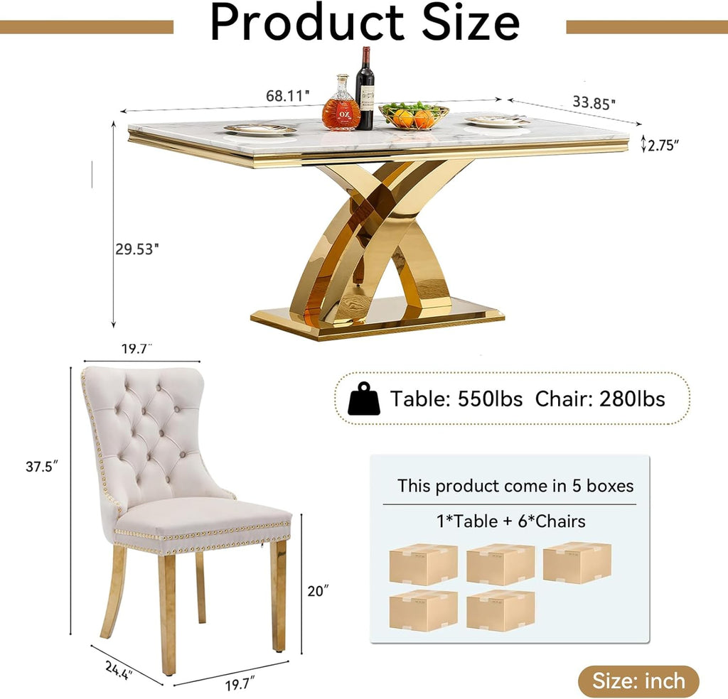 Luxury 7 Piece Dining Set, Modern 68.11" Faux Marble Dining Table with 6 Beige Velvet Dining Chairs, White Kitchen Table Set with Gold Stainless Steel Base, Rectangle Dining Room Table and Chairs Set