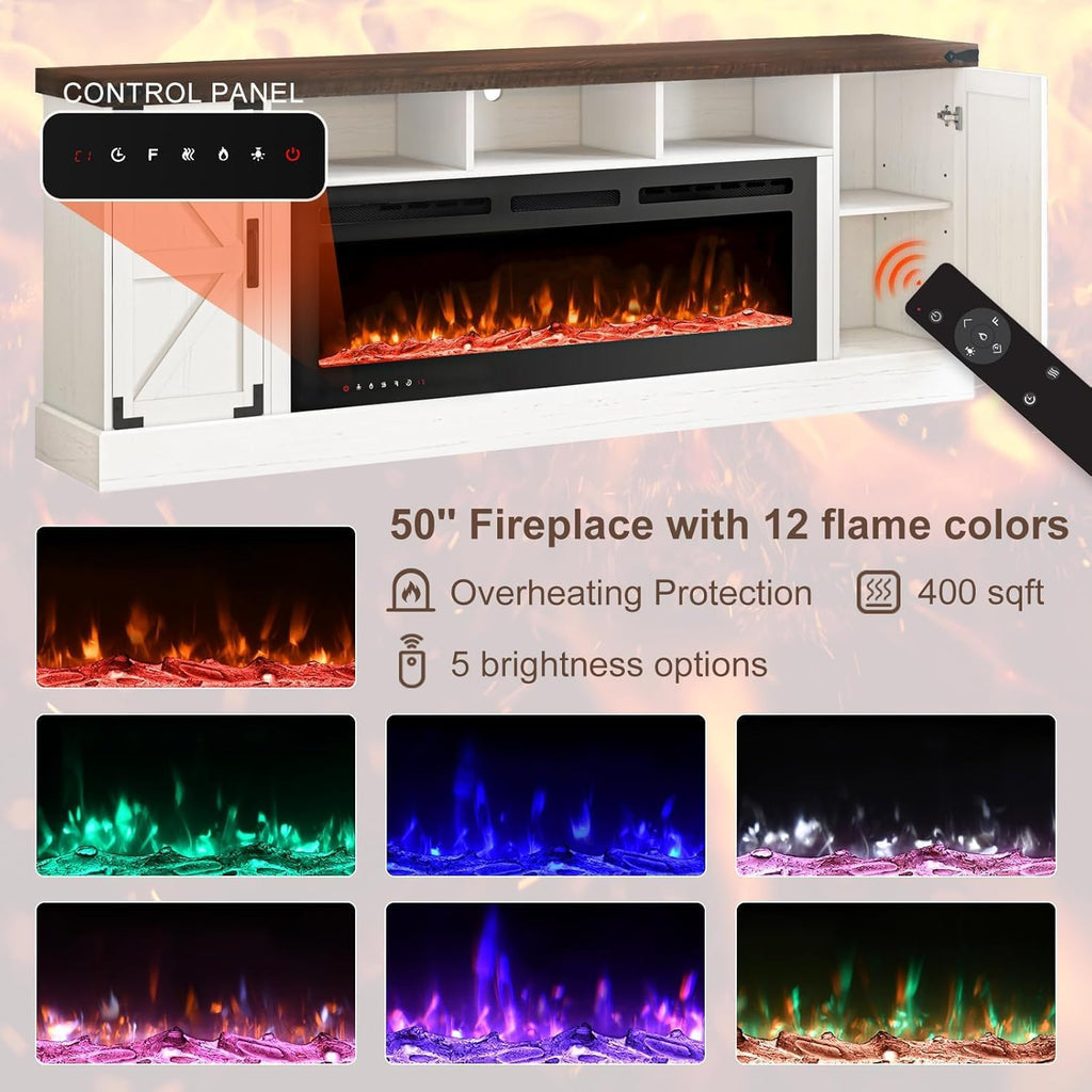 77 INCH Fireplace TV Stand for 85 Inch TVs, Farmhouse Entertainment Center with 50" Electric Fireplace and Power Outlets, LED Media Console Cabinet for Living Room, White