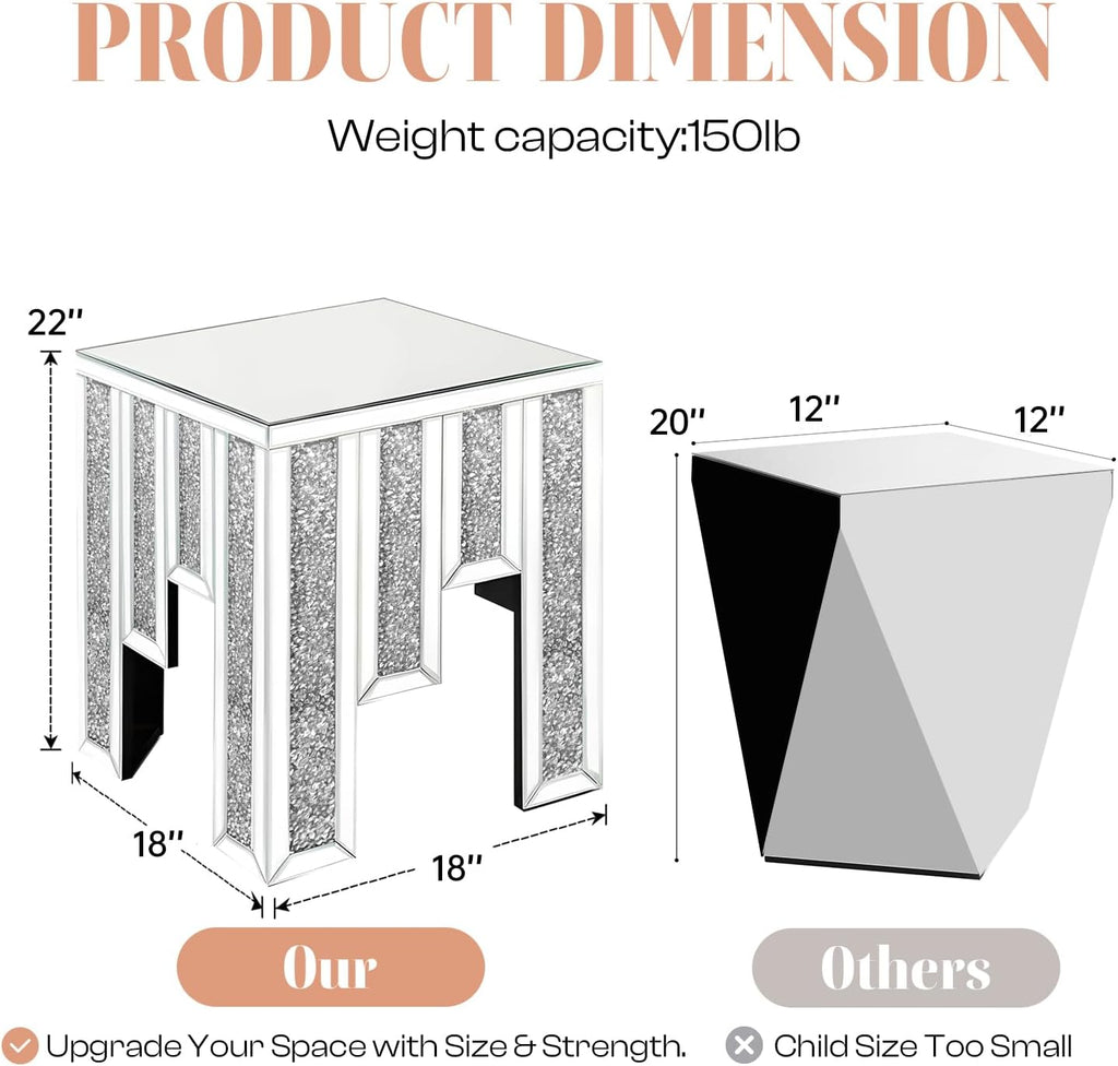 Crushed Diamond Side Table, Mirrored Accent End Table & Sofa Table for Living Room, Luxury Bling Crystal Nightstand, Fully Assembled Drop-Tested Packaging for Bedroom, Entryway