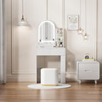 Vanity, Small Vanity Desk with Mirror and Lights, Side Shelf Storage Space, Compact Girls Dressing Table in Bedroom, Modern Round Curved Design, White