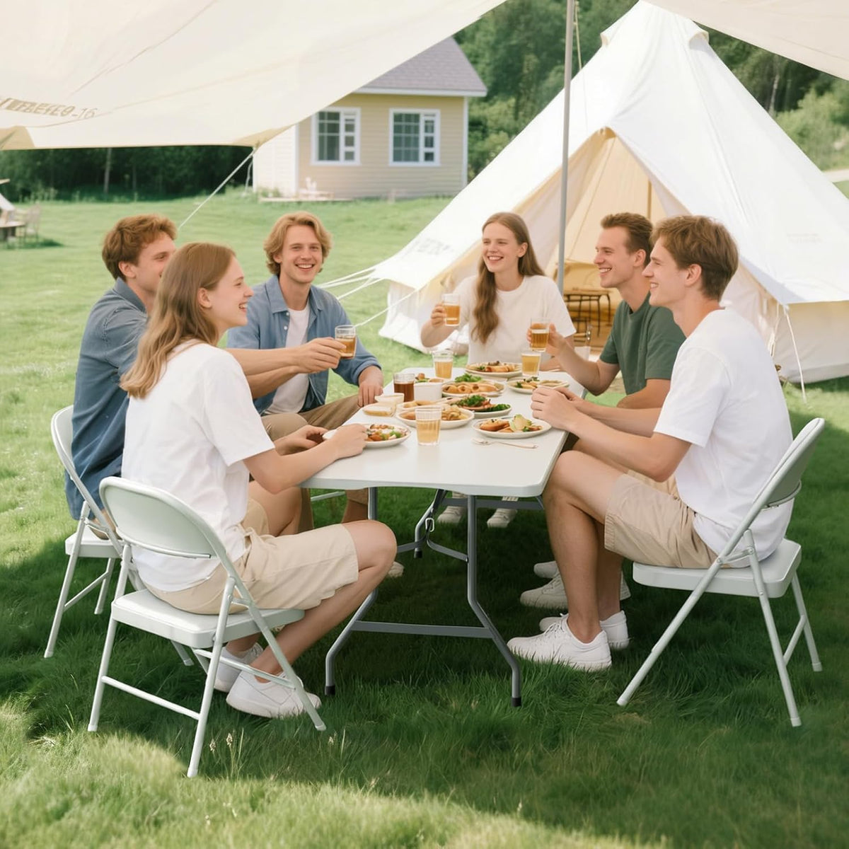 6FT White Plastic Folding Table Set with 6 White PU Padded Chairs | Portable Foldable Tables and Chairs for Parties Picnic Events Office Dining Outdoor Activities Home and Commercial Use