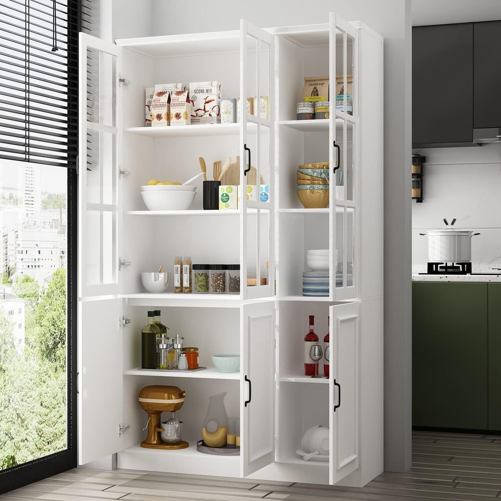 AIEGLE Freestanding Cabinet with 3 Glass Doors, Tall Storage with 5-Tier Shelves for Dining Room or Living Room, White