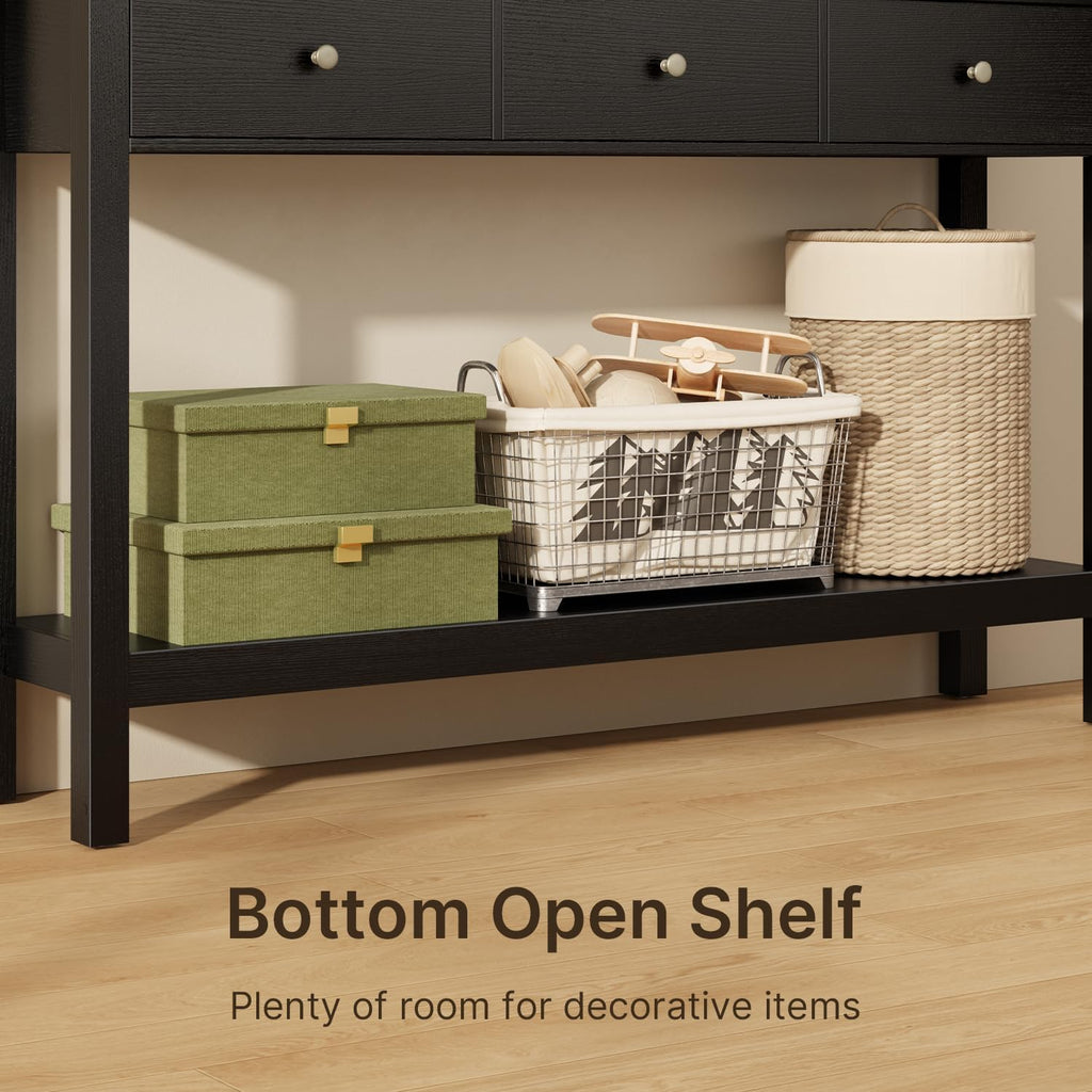 Gizoon 3 Drawer Wooden Sofa Table with Open Shelf | Modern Accent Console Table with Large Storage Space, for Living Room, Front Hall, Entrance Hall, Study Room, Black