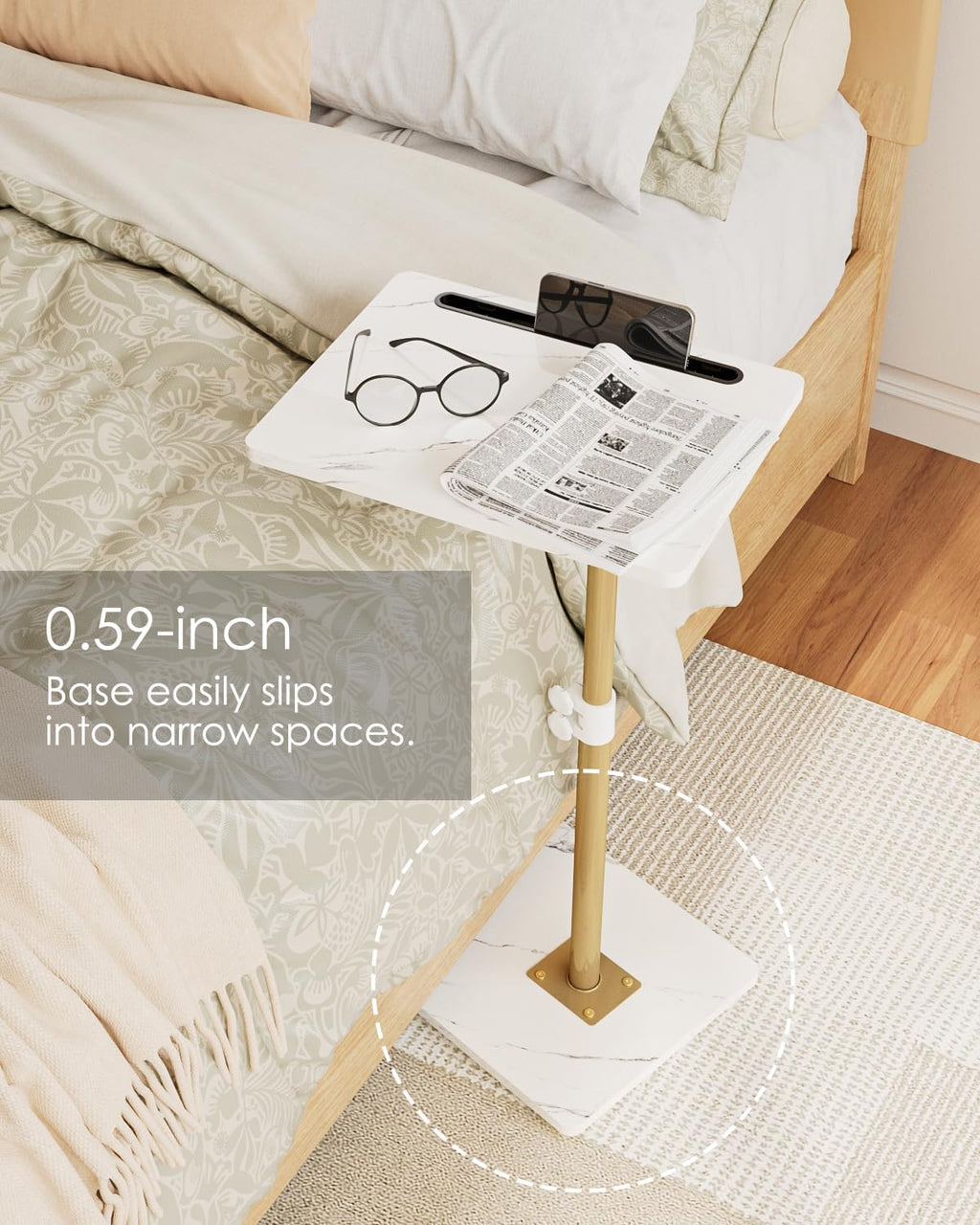 Masupu Sofa Arm Tray Table - 360° Swivel Height Adjustable End Table, Small Snack Side Table for Couch, C Shaped Table for Bed, Chair or TV Tray Table(Marble White and Gold)