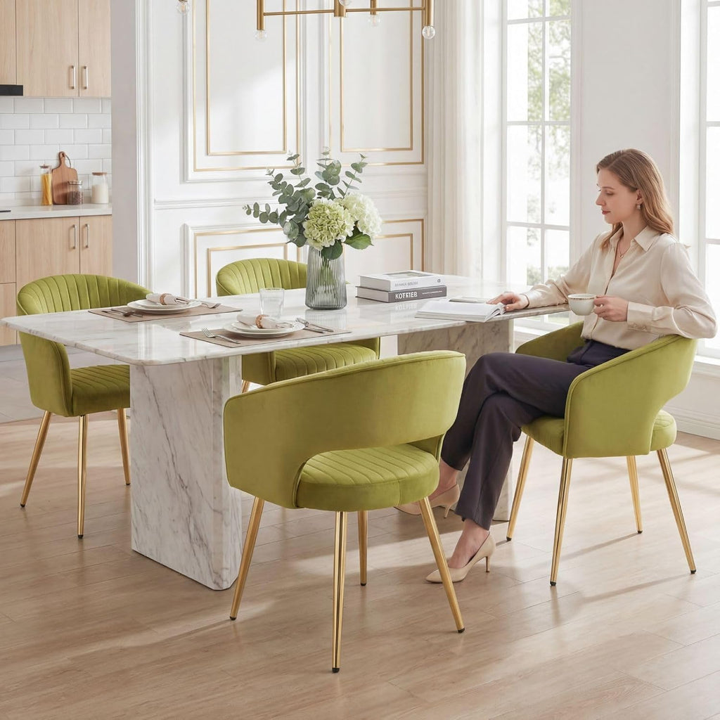 Hyfirm Green Velvet and Gold Dining Chairs, Set of 4 Modern Upholstered Arm Chairs with Hollow Backrest, Tufted Accent Side Chair with Sturdy Metal Legs for Dining Room, Living Room, Kitchen, Salon