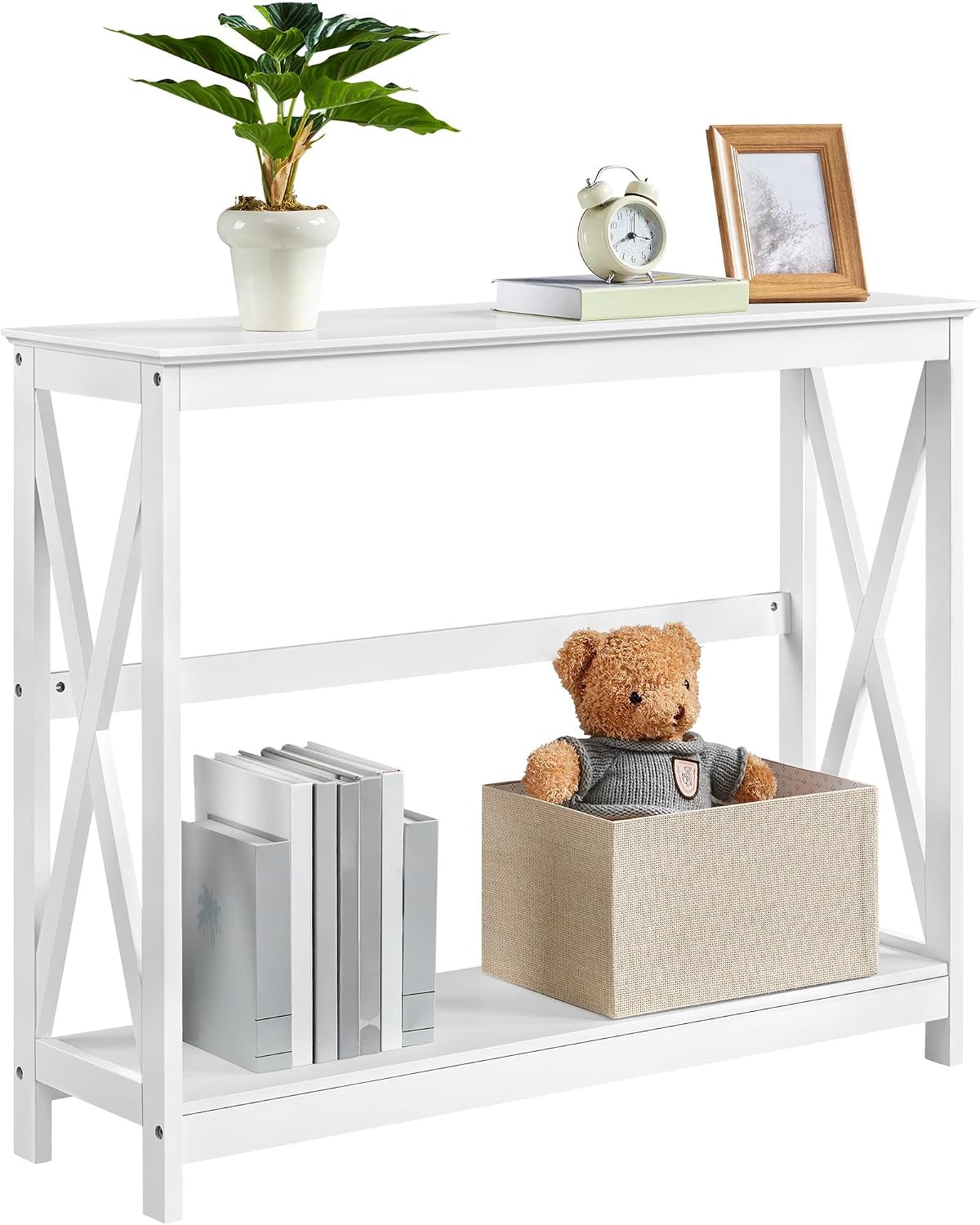 Yaheetech Narrow White Entryway Console Table, 2-Tier X-Frame Storage Shelf | Slim Depth Fits Small Entry Ways, Hallways and Living Rooms, Lower Tier for Storage and Decor, Rubber Wood and Particleboard