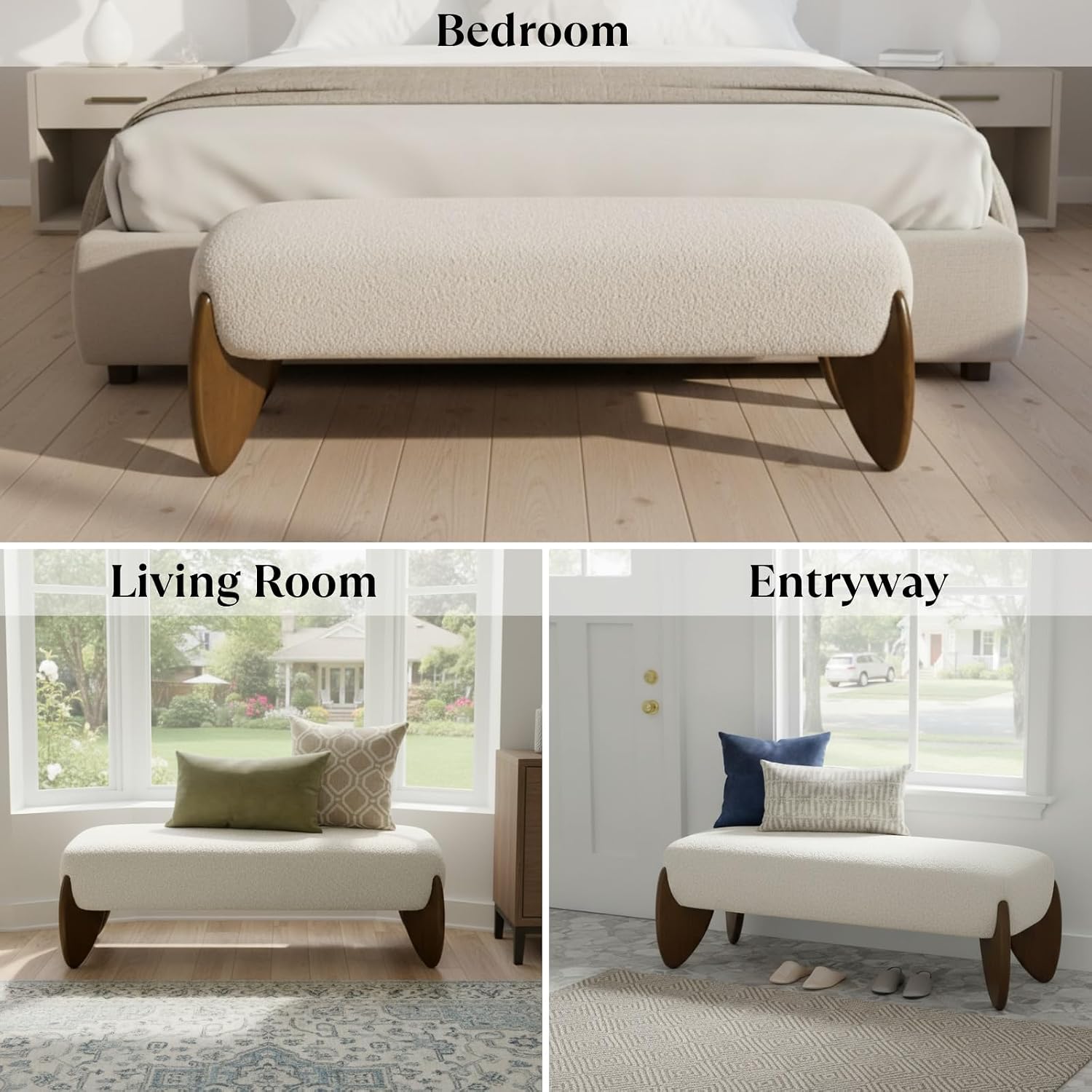 Ya-Home Modern Boucle Bedroom Bench, 50” Upholstered End of Bed Bench with Comfy Seat/Solid Wood Legs, Wooden Entryway Window Ottoman Bench for Living Room/Hallway, Beige