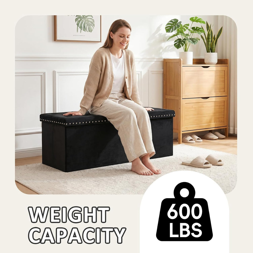 PINPLUS Folding Storage Ottoman Bench, Black Velvet | Large Storage Chest with Padded Seat, Footrest Stool and End of Bed Bench for Bedroom, Living Room and Entryway