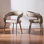 Modern Dining Chairs Set of 2, Kitchen Room Faux Leather Mid Century Chairs with Metal Frame and Hollow Back, Easy Clean Upholstered Barrel Dining Chair for Living Room, Restaurant, and Café, Greige