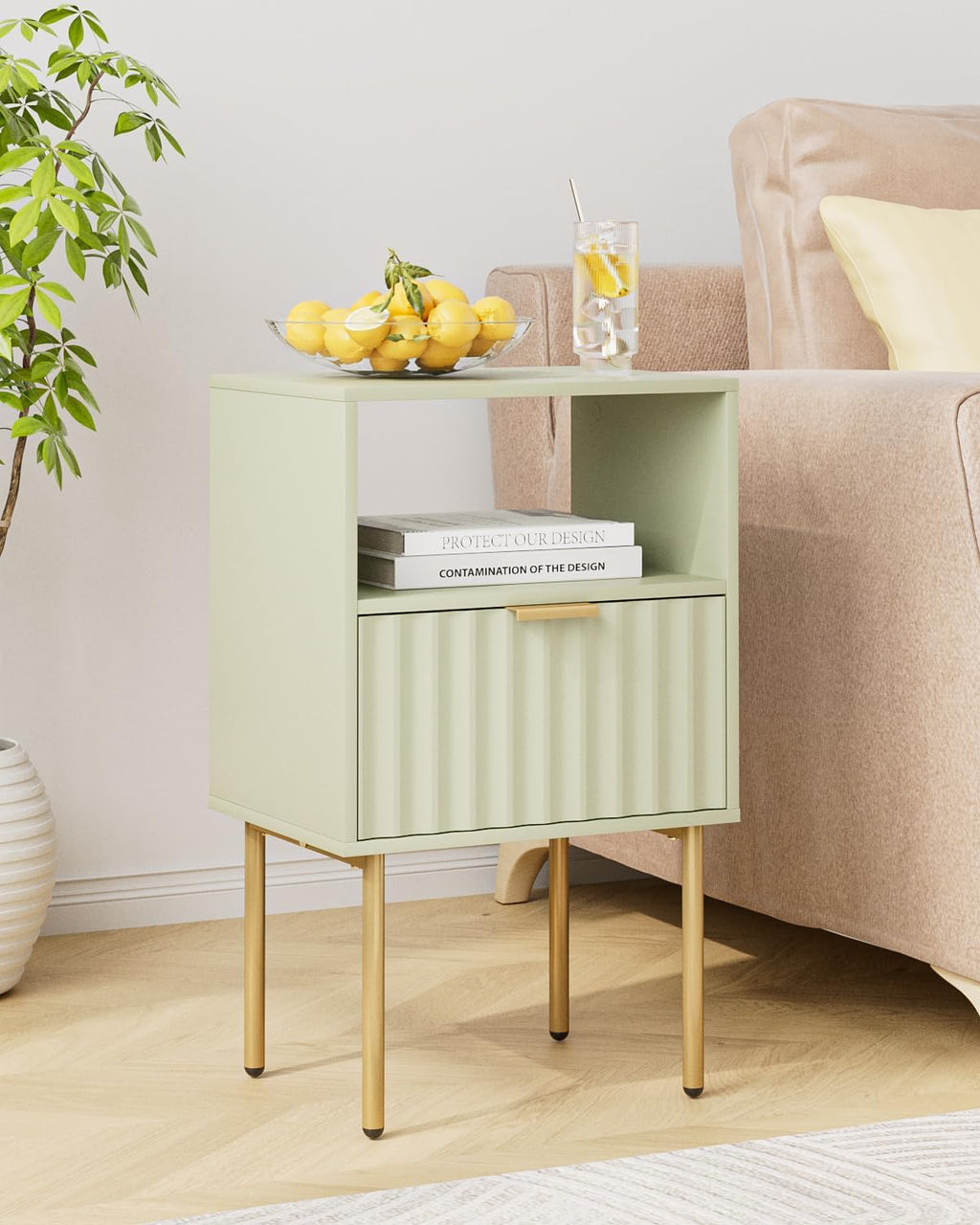 Nightstand,Modern Bedside Table with Gold Frame,Night Stand,Bedside Furniture, Modern Side Table with Drawer and Shelf for Bedroom,Living Room (Green)