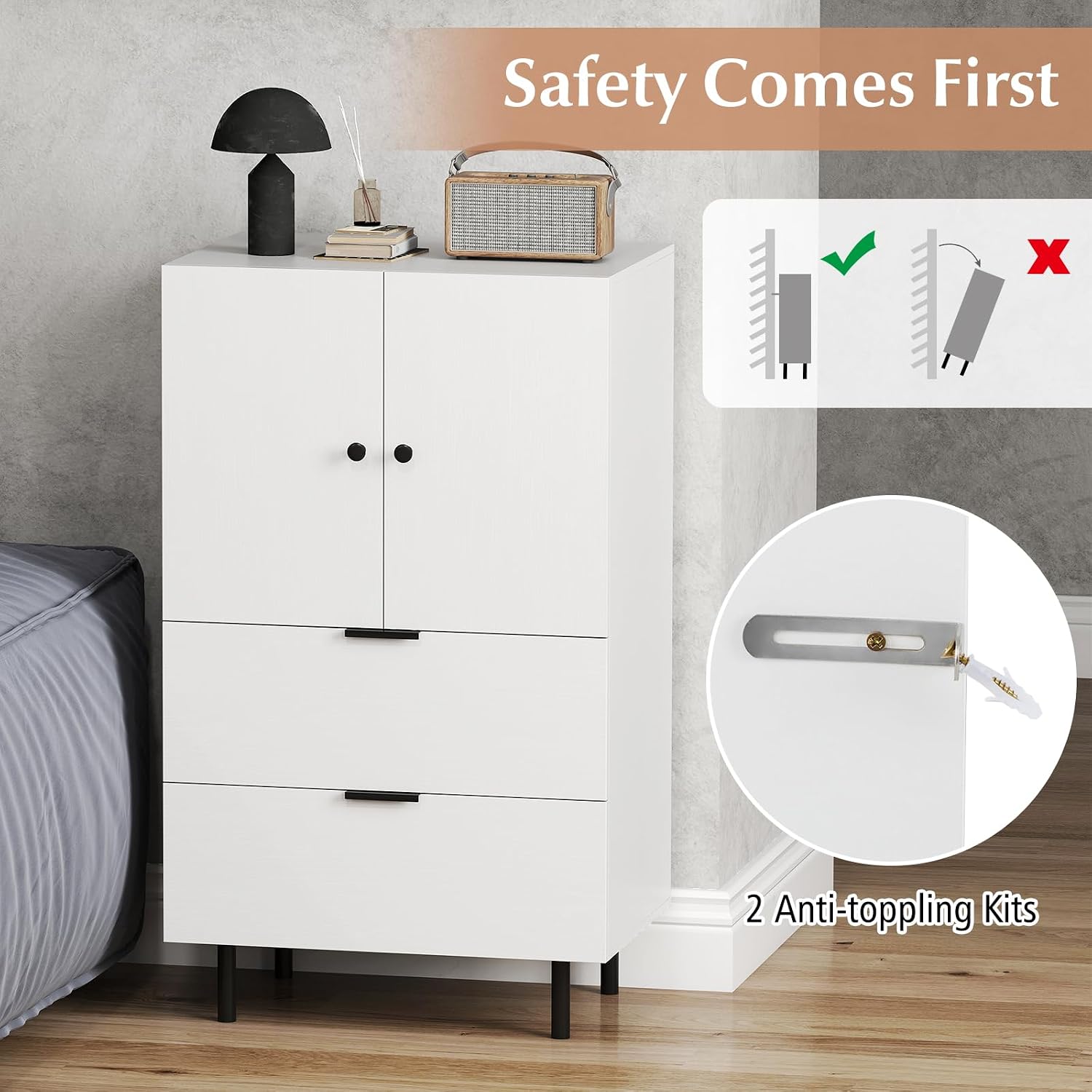 LOKO Buffet Cabinet with 2 Drawers, 2-Door Serving Cupboard with Raised Metal Legs, Modern Floor Coffee Bar Station, Buffet Table Display Cabinet for Living Room, Dining Room, Kitchen, White