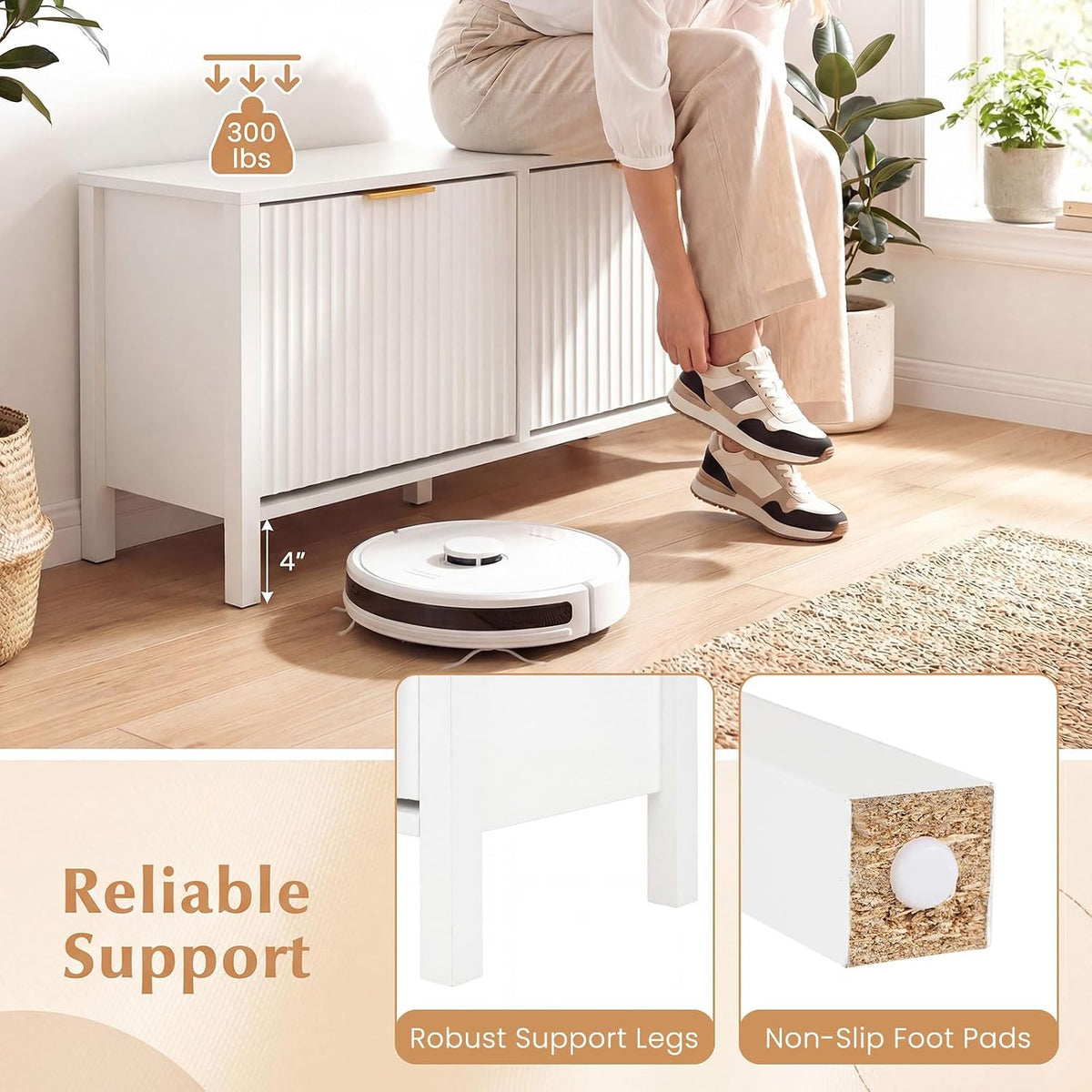 Giantex Shoe Storage Bench with 2 Flip Drawers, Wooden Entryway Bench with Storage, Fluted Doors, Adjustable Shelves, Hidden Shoe Cabinet for Entry Way, Hallway, Foyer, Living Room (White+Gold)