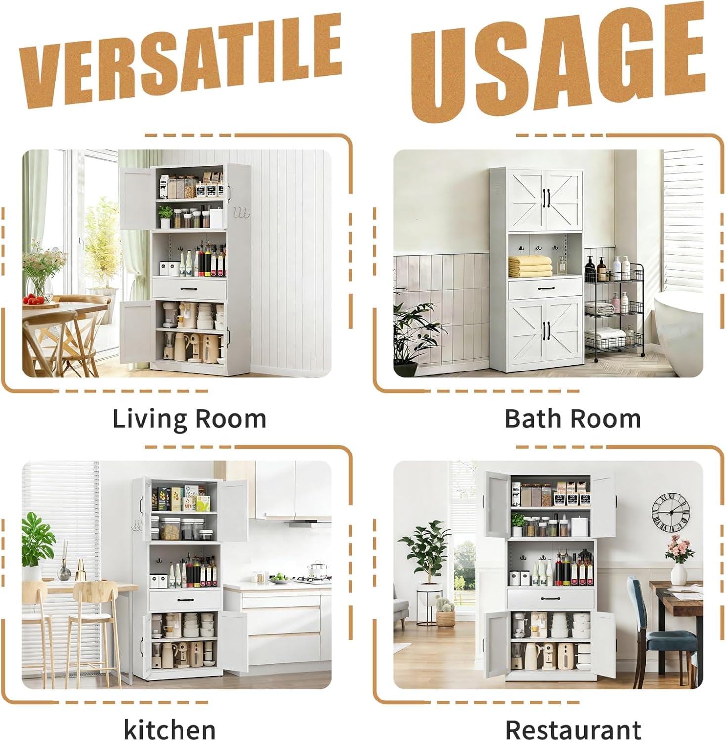 White Steel Kitchen Pantry Storage Cabinet with Large Countertop, Adjustable Shelves, Drawers & Hooks, Heavy-Duty White Cabinet for Kitchen Living Room Bathroom, 30.3x15.7x70.9 Inches