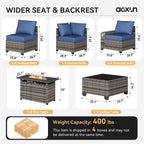 Aoxun 10-Piece Sectional Sofa with 44" Fire Pit, 4" Thicken Cushion, Widen Armrests Wicker for Backyard with Coffee Table, Blue