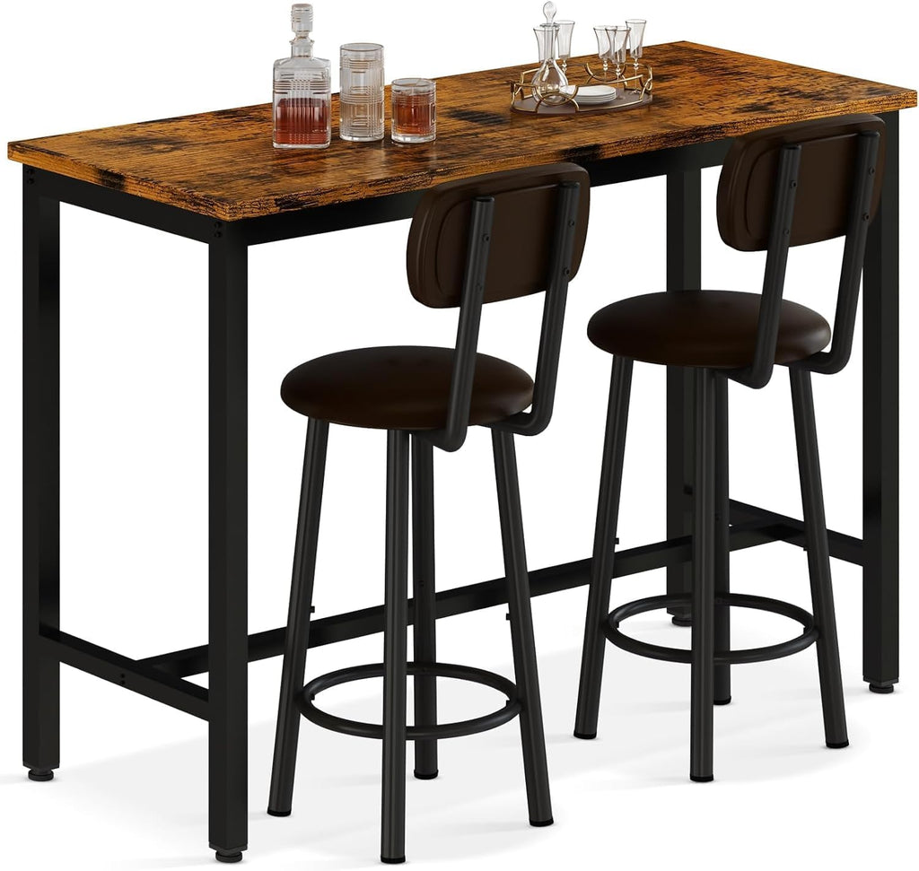 AWQM Bar Table Set of 2, Industrial Bar Table and Chairs Set of 2,3 Piece Bar Height Table with 2 Backrests Stools,Small Kitchen Table for 2,Small Space,Brown & Black
