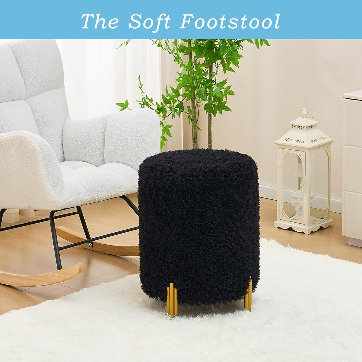 Round Storage Ottoman,Modern Foot Stool with Metal Legs,Vanity Stool with Soft Padded Seat,Side Table or Plant Stand for Hallway,Living Room (Black-Long Wool)