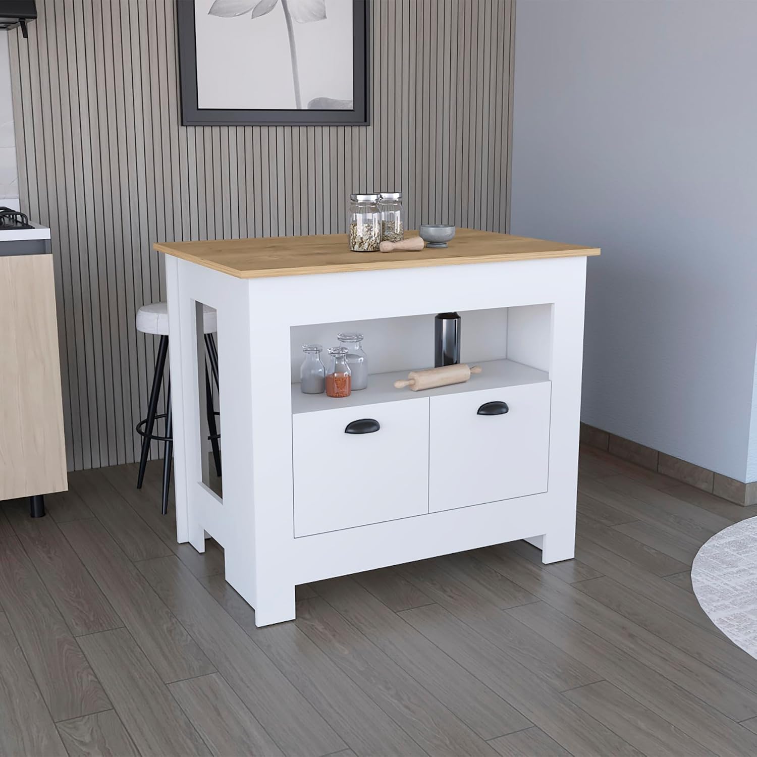 Kitchen Island Two Door Cabinet and Shelf in Multicolor | Includes two cabinet doors and a shelf for storage